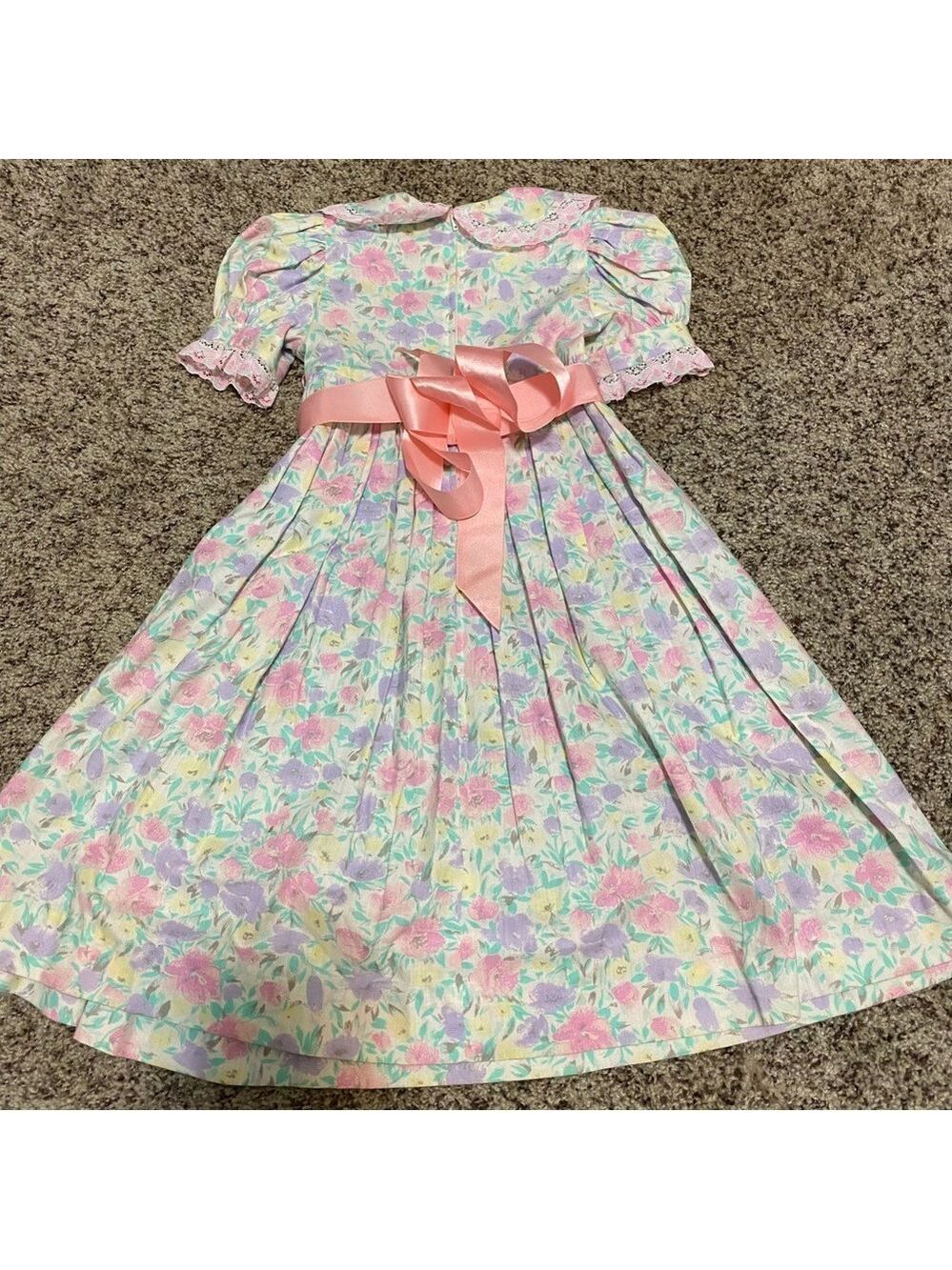 Vintage Little Girl Cotton Dress 80s 90s Floral Pink Purple Ribbon Tie - Picture 9 of 9